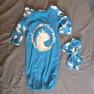 Blue Unicorn Baby Gown with Matching Headband